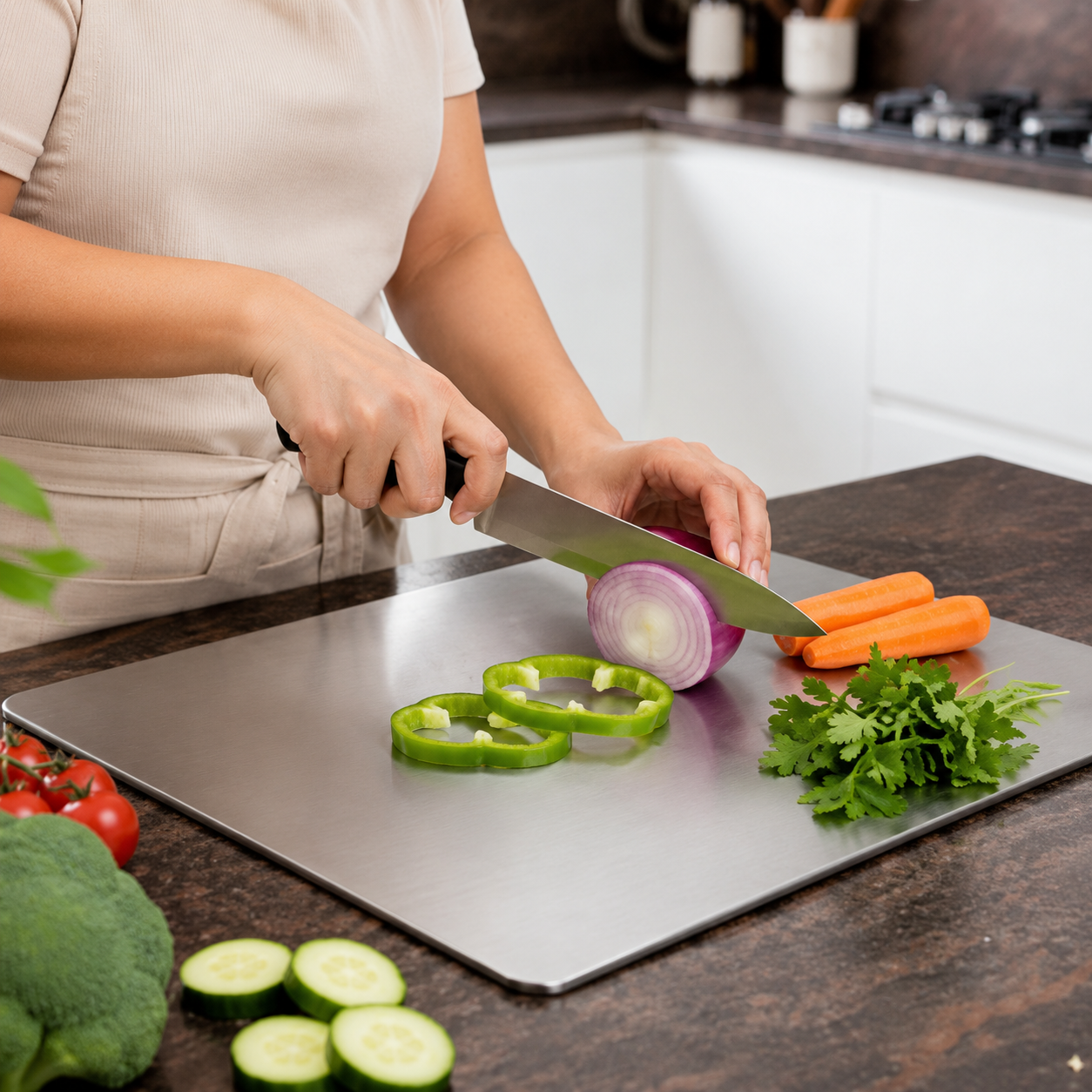 Multipurpose Stainless Steel kitchen Board – Chop, Slice, Knead & Roll
